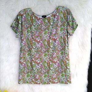 Talbots Green Red White Yellow Paisley Printed Short Sleeve Top Size S